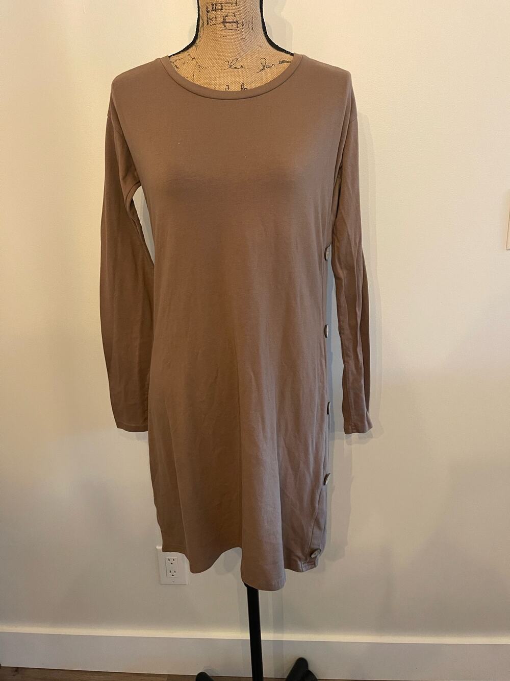 Anna Lane Brown Long Sleeve Dress with Buttons Up Side Size Large